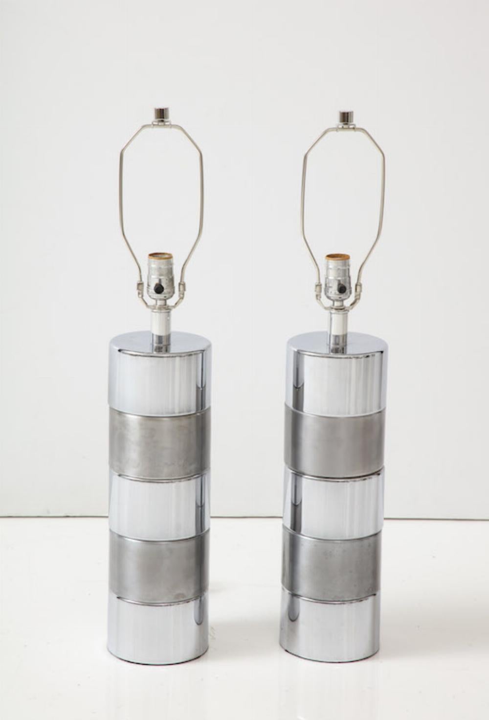 American Pair of chrome cylinder table lamps 1970s