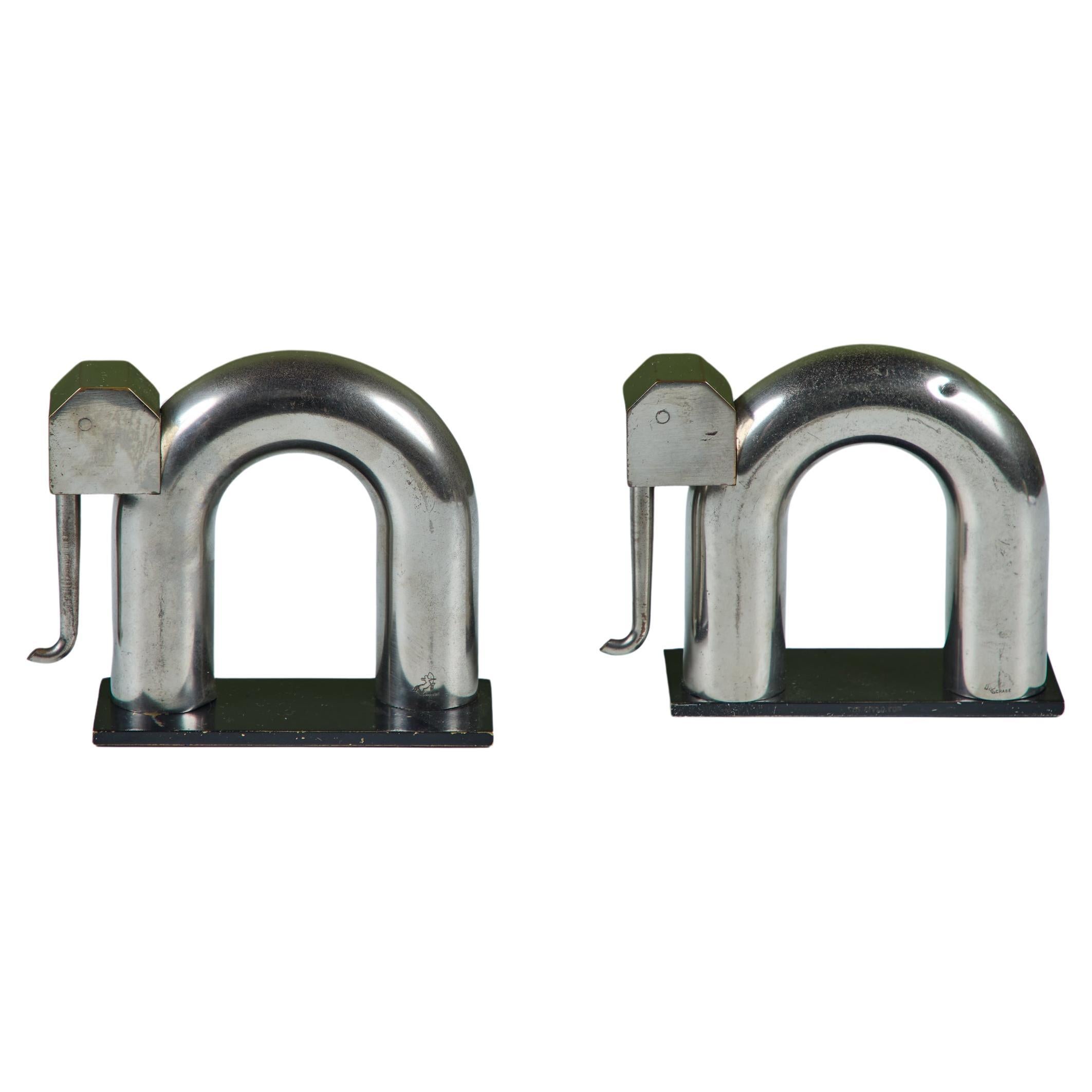 Pair of Chrome Elephant Bookends by Walter von Nessen for Chase USA