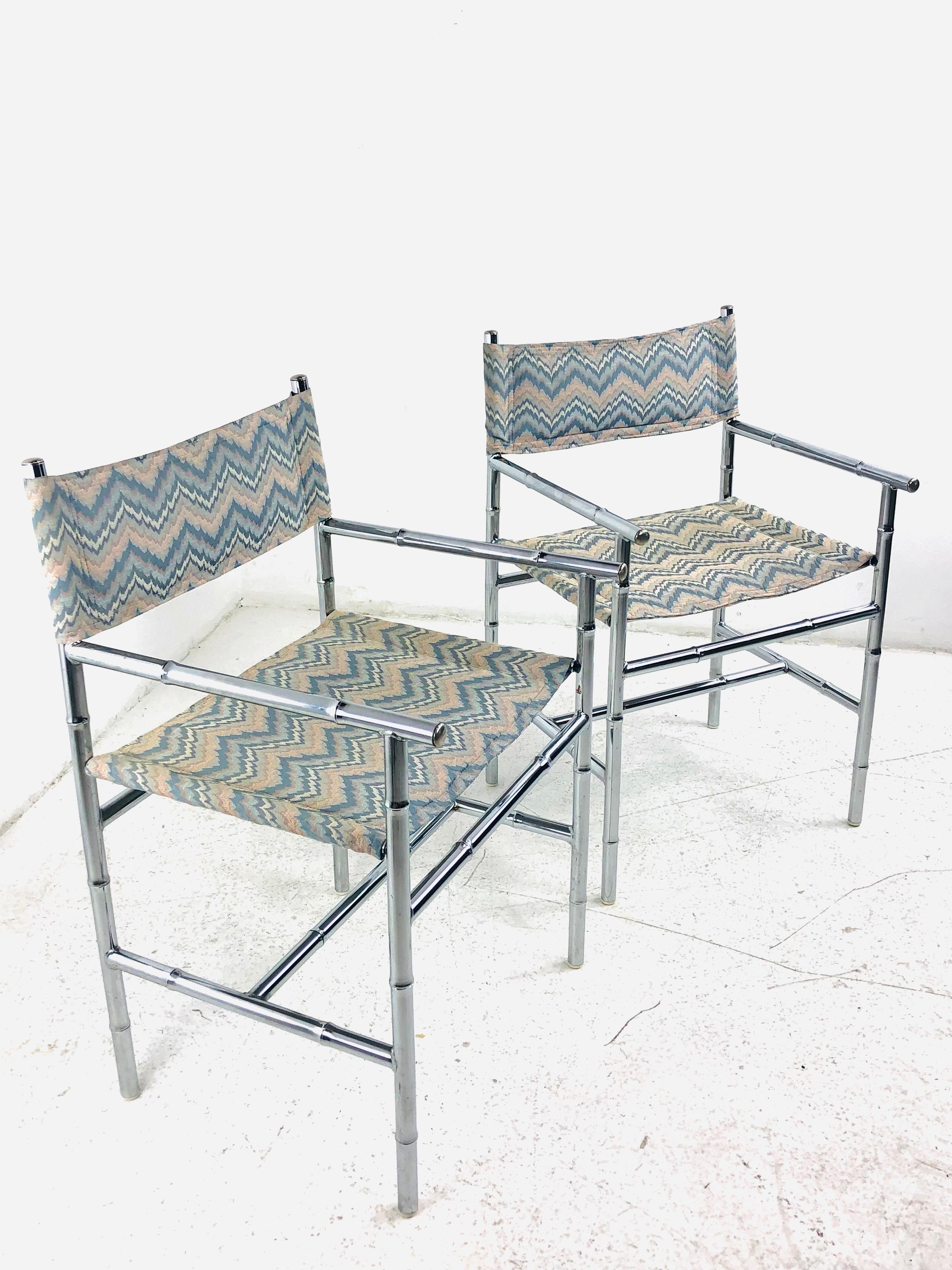 Pair of Chrome Faux Bamboo Flame Stitch Armchairs 9