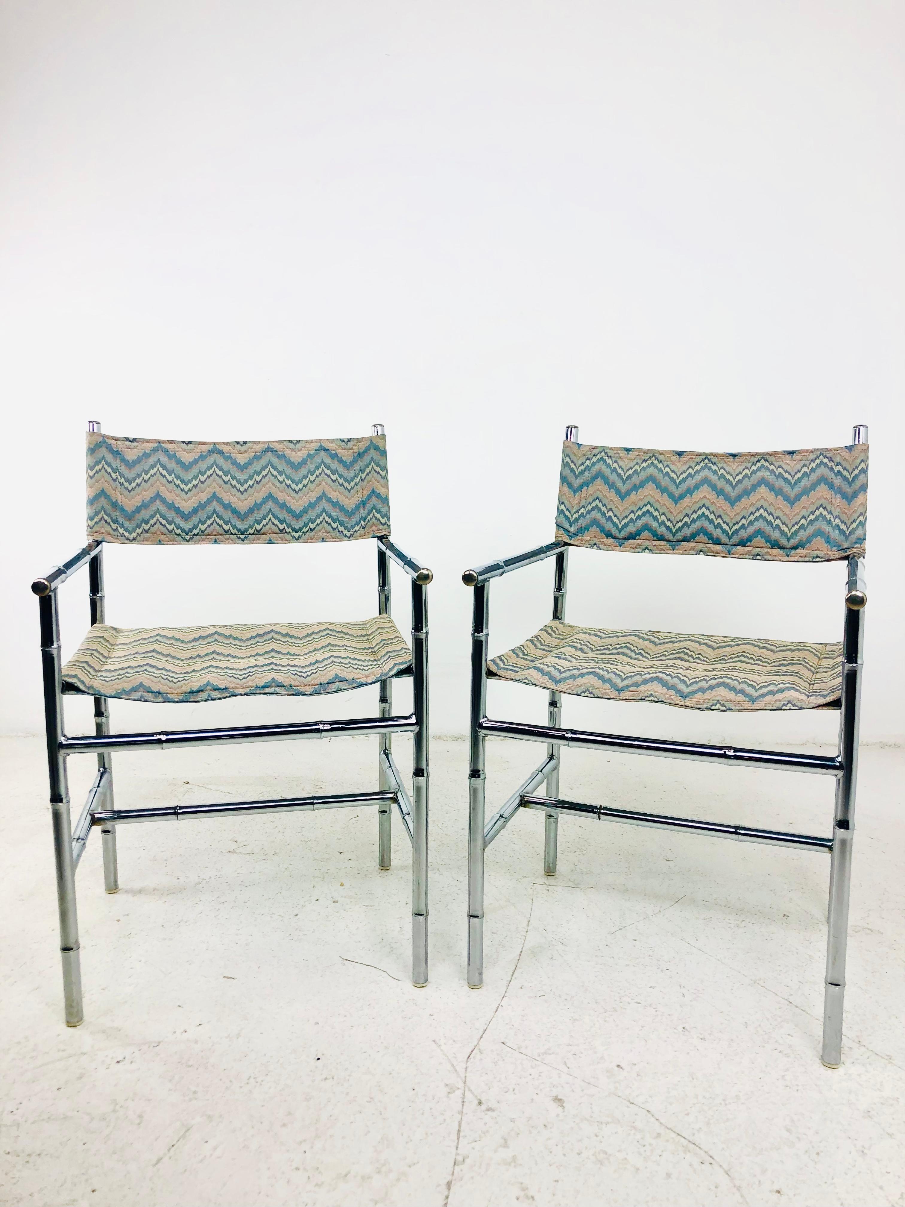 Mid-Century Modern Pair of Chrome Faux Bamboo Flame Stitch Armchairs