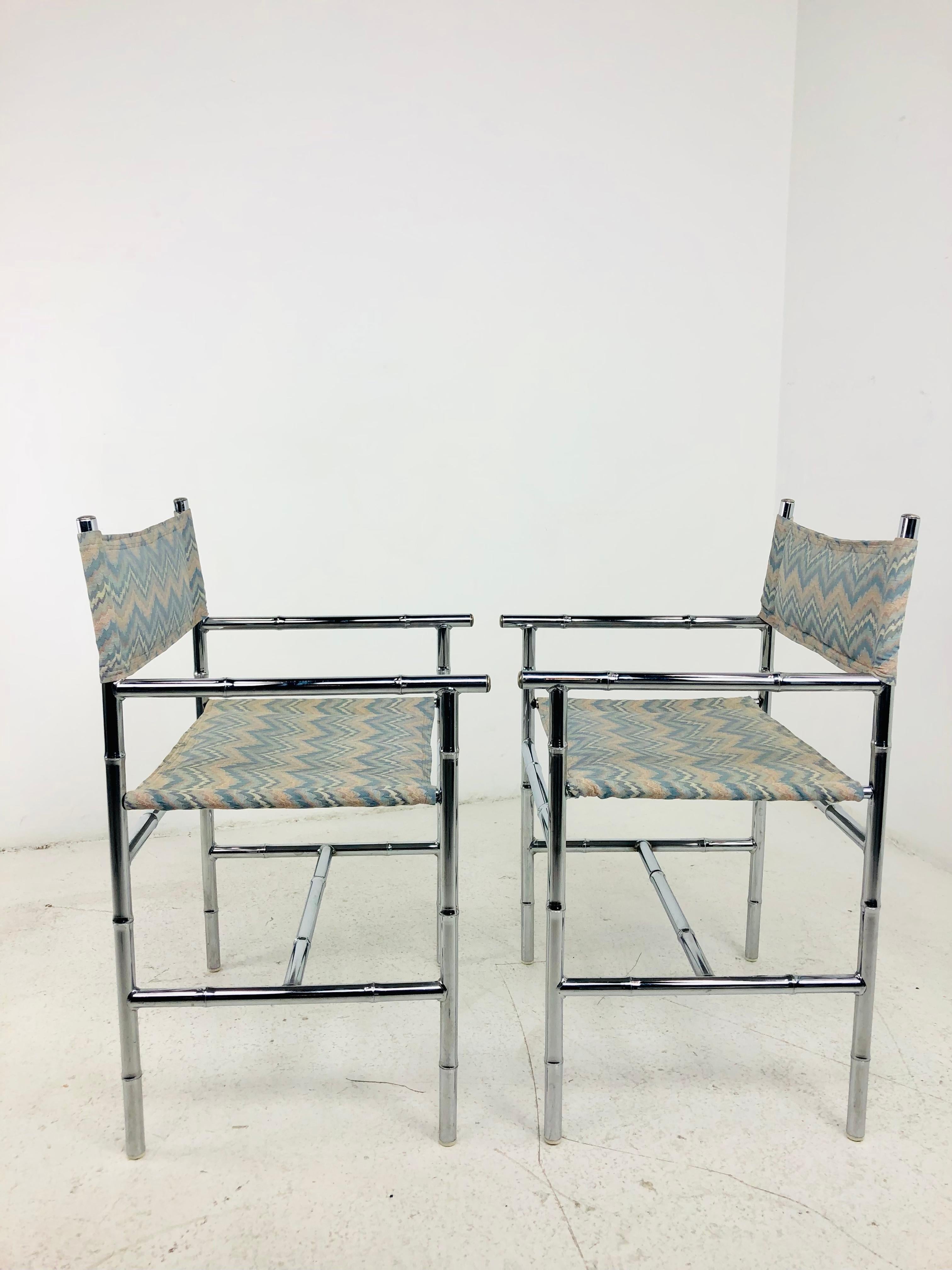 North American Pair of Chrome Faux Bamboo Flame Stitch Armchairs