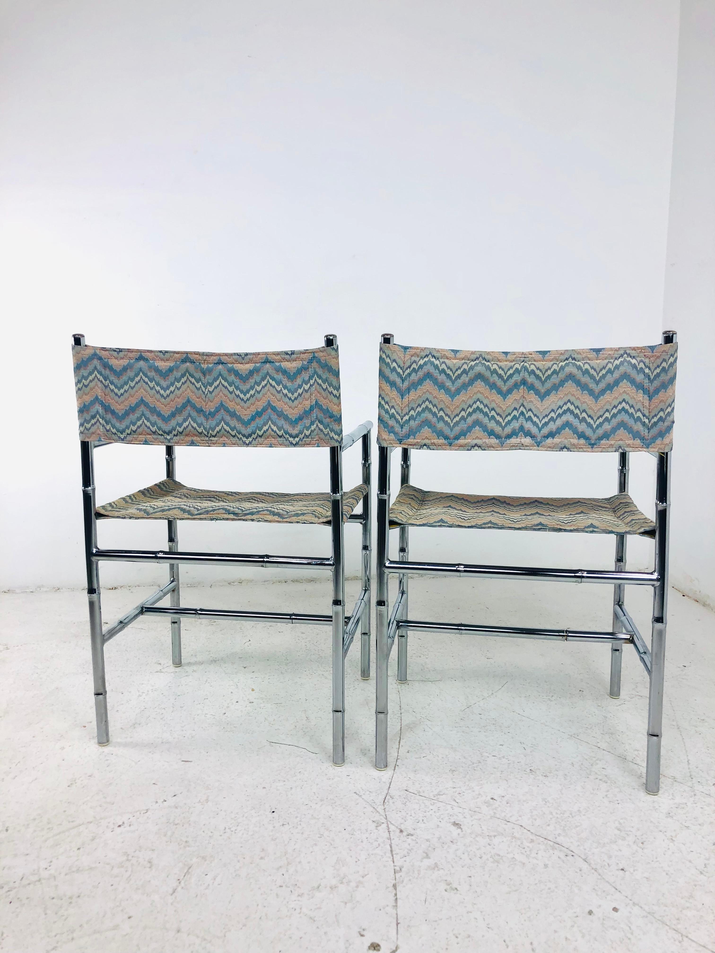 Pair of Chrome Faux Bamboo Flame Stitch Armchairs In Good Condition In Dallas, TX