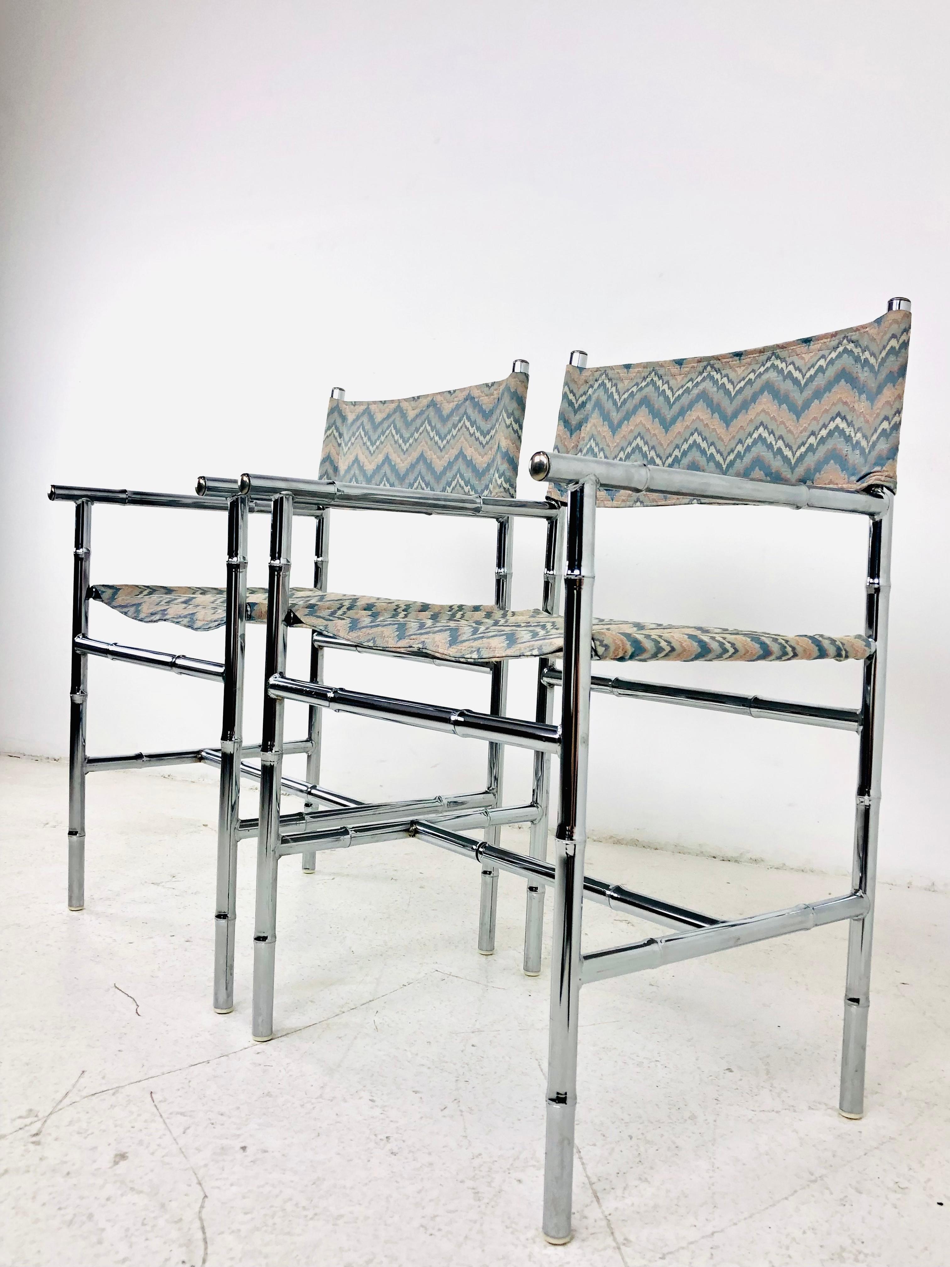 Late 20th Century Pair of Chrome Faux Bamboo Flame Stitch Armchairs