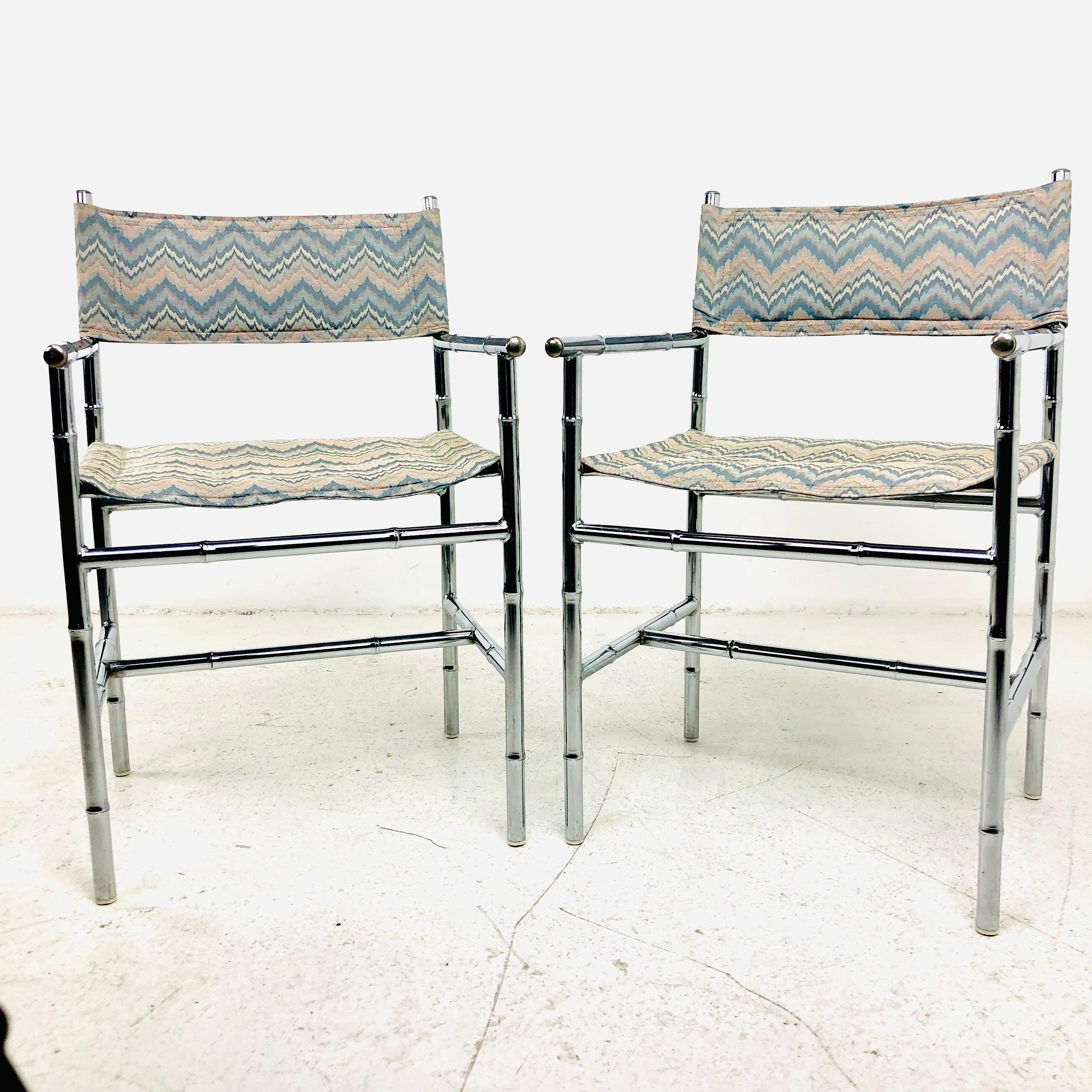 Upholstery Pair of Chrome Faux Bamboo Flame Stitch Armchairs
