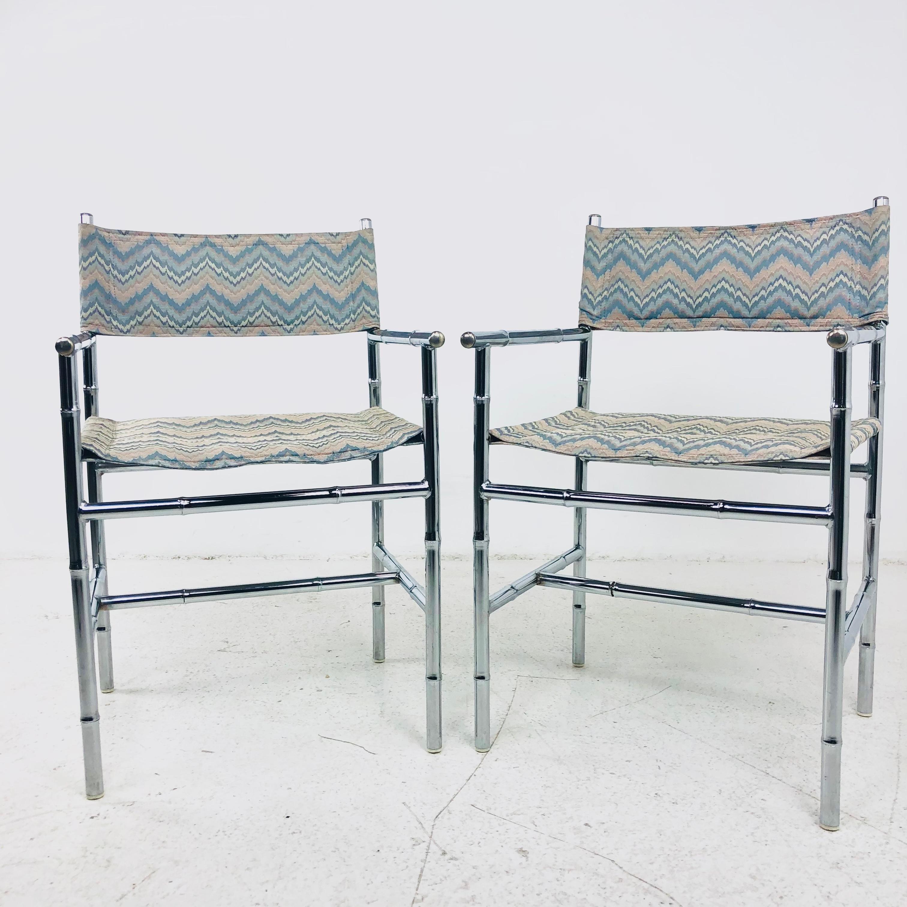 Pair of Chrome Faux Bamboo Flame Stitch Armchairs 1