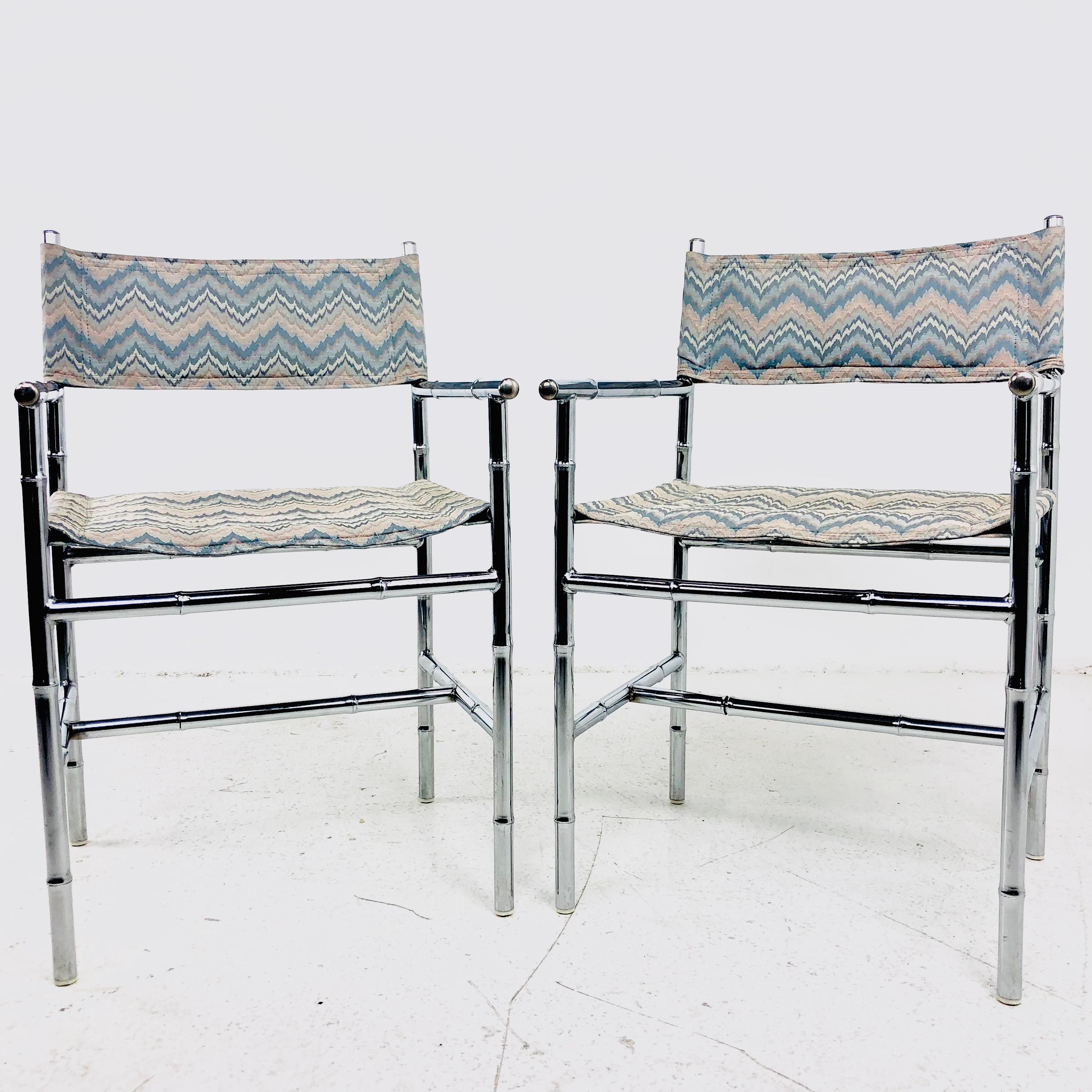 Pair of Chrome Faux Bamboo Flame Stitch Armchairs 2