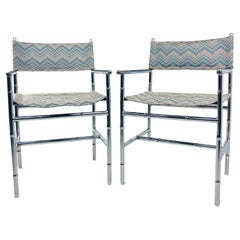 Vintage Pair of Chrome Faux Bamboo Flame Stitch Armchairs