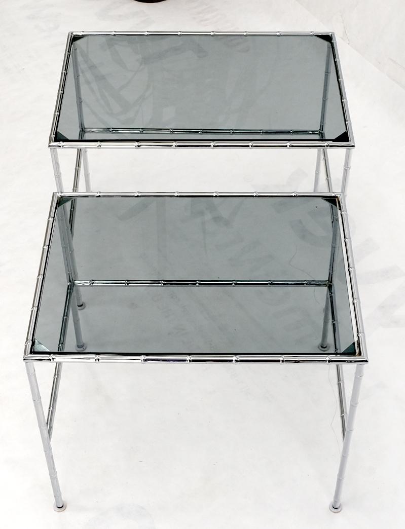 Pair of Chrome Faux Bamboo Smoked Glass Tops Nesting Tables For Sale 6