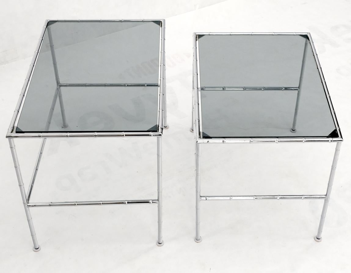 Pair of Chrome Faux Bamboo Smoked Glass Tops Nesting Tables For Sale 7