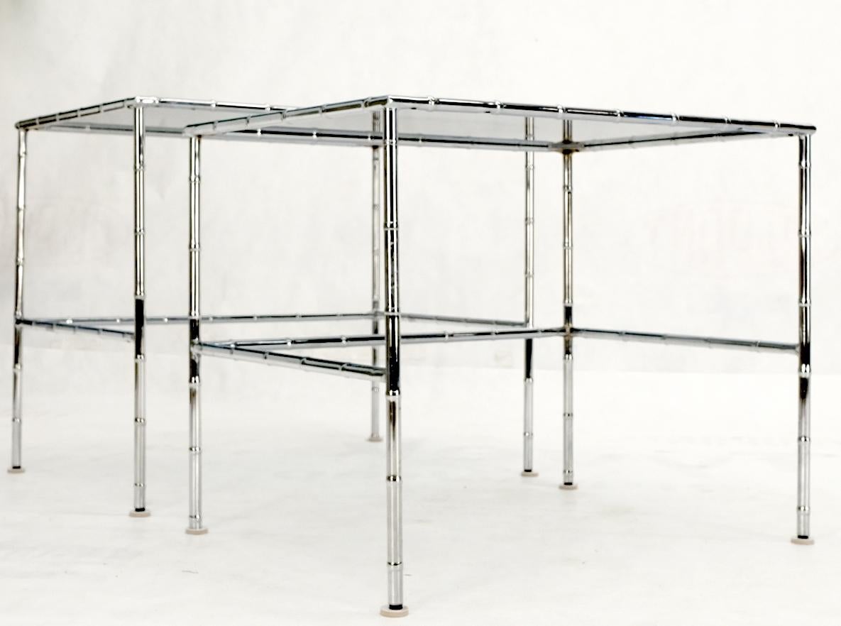 Mid-Century Modern Pair of Chrome Faux Bamboo Smoked Glass Tops Nesting Tables For Sale