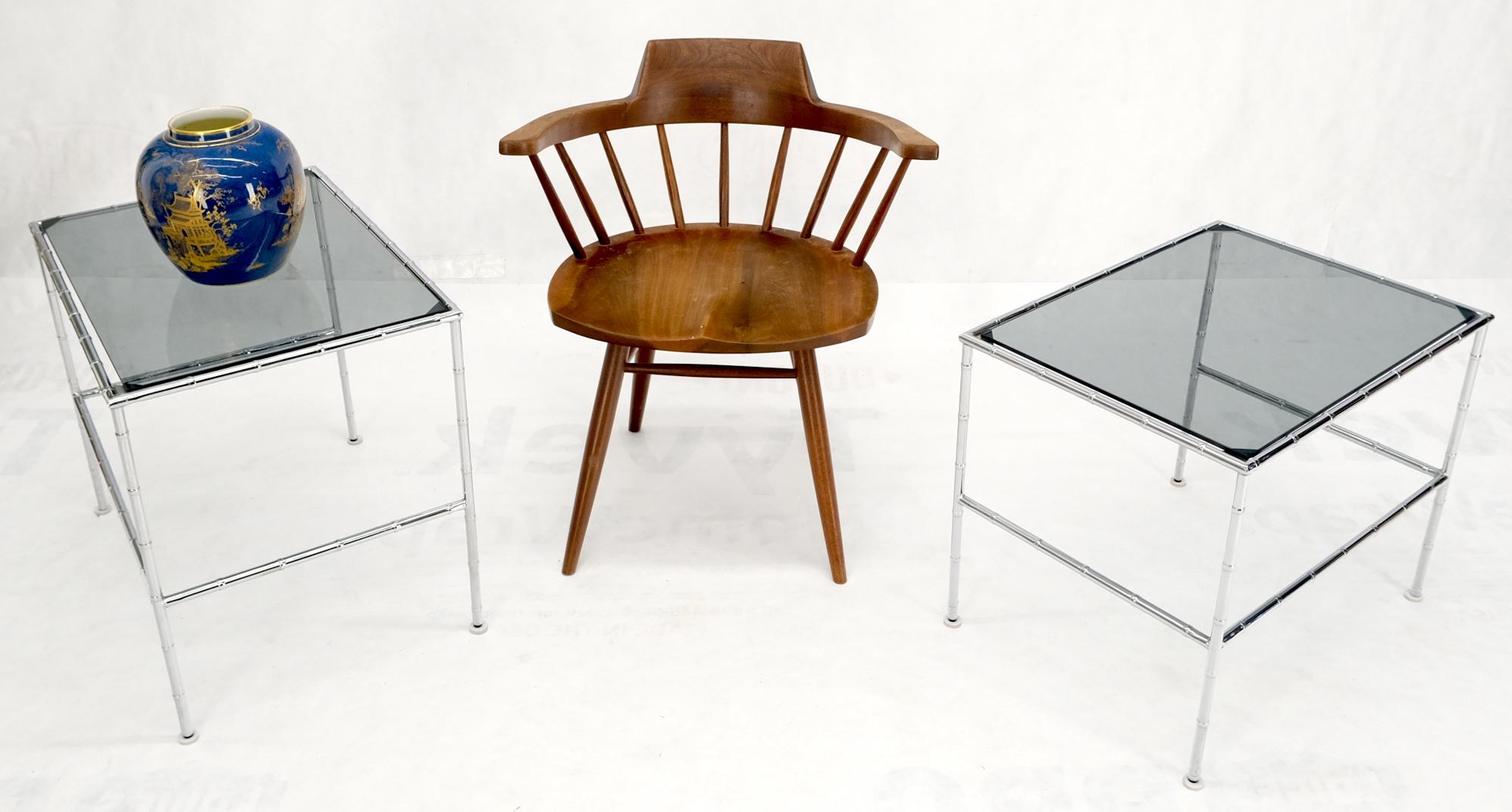 Italian Pair of Chrome Faux Bamboo Smoked Glass Tops Nesting Tables For Sale