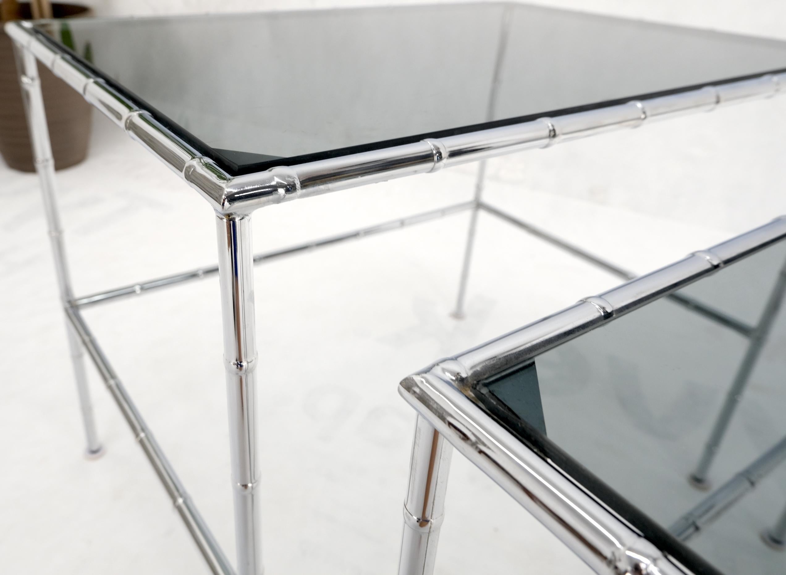 20th Century Pair of Chrome Faux Bamboo Smoked Glass Tops Nesting Tables For Sale