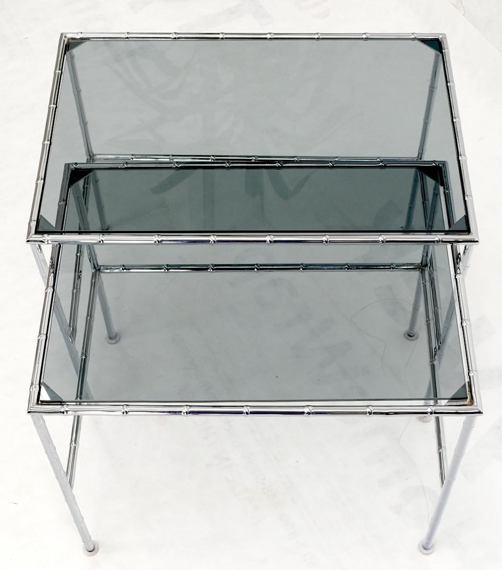 Pair of Chrome Faux Bamboo Smoked Glass Tops Nesting Tables For Sale 1