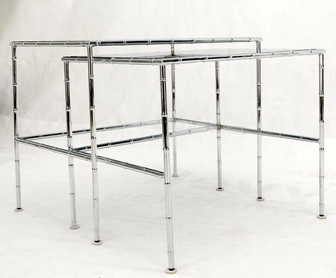 Pair of Chrome Faux Bamboo Smoked Glass Tops Nesting Tables For Sale 2