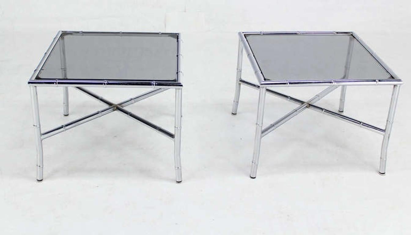 Pair of Chrome Faux Bamboo X Base End Side Tables Stands with Smoked Glass Tops Mid Century Modern Bauhaus.