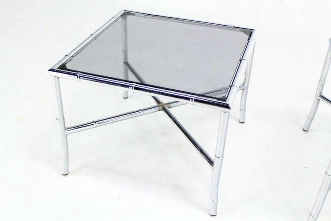 Mid-Century Modern Pair of Chrome Faux Bamboo X Base End Tables with Smoked Glass Tops Mid Century  For Sale