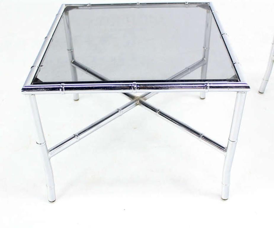 American Pair of Chrome Faux Bamboo X Base End Tables with Smoked Glass Tops Mid Century  For Sale