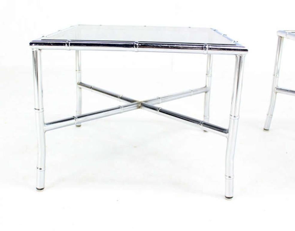 Pair of Chrome Faux Bamboo X Base End Tables with Smoked Glass Tops Mid Century  In Good Condition For Sale In Rockaway, NJ