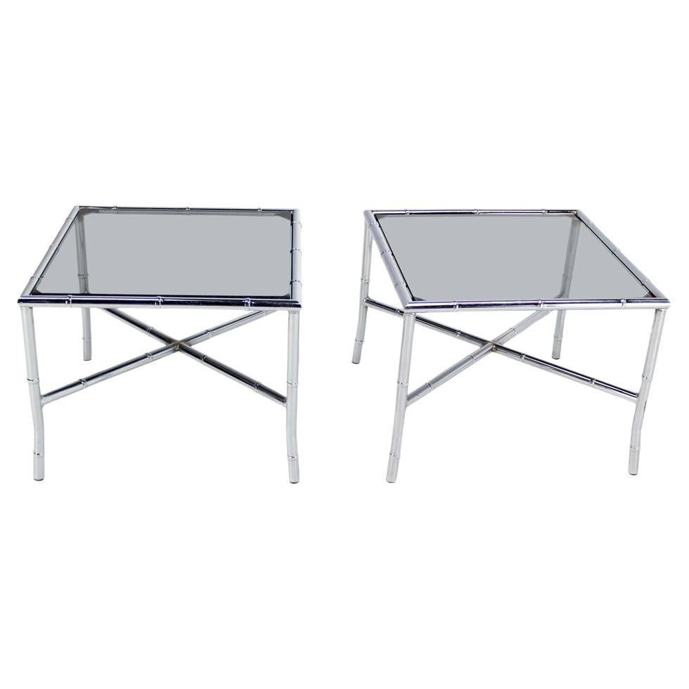 Pair of Chrome Faux Bamboo X Base End Tables with Smoked Glass Tops Mid Century  For Sale