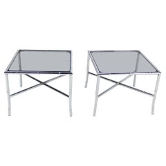 Vintage Pair of Chrome Faux Bamboo X Base End Tables with Smoked Glass Tops Mid Century 