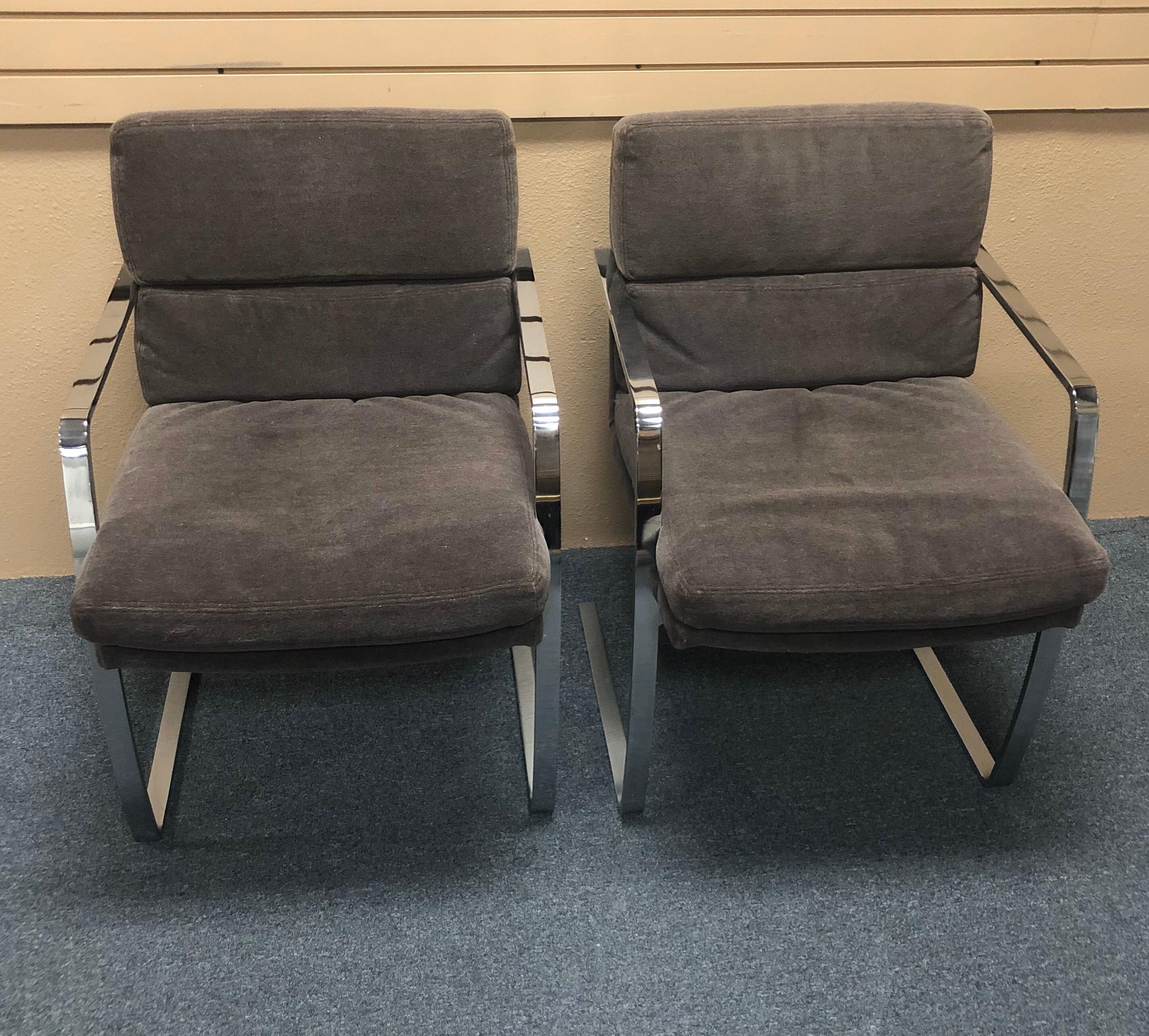 Pair of chrome framed cantilevered armchairs with brown mohair fabric by Pace collection, circa 1970s. These flat bar armchairs are super high quality with heavy chrome-plated flat bar cantilevered frame and their original brown mohair upholstery.