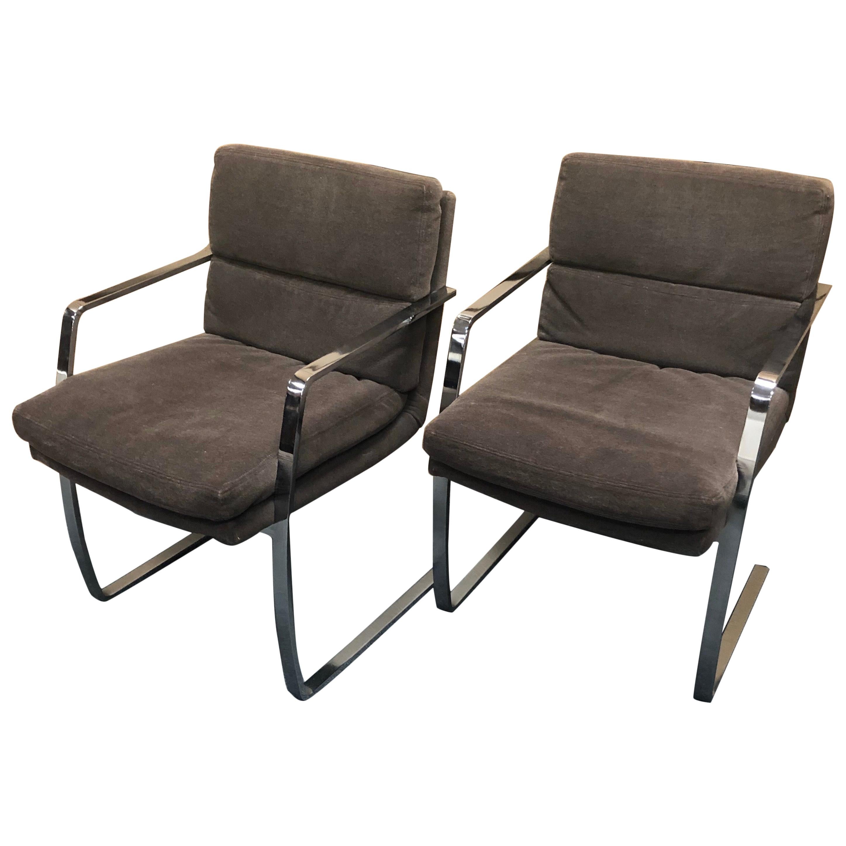 Pair of Chrome Framed Cantilevered Armchairs by Pace Collection