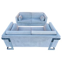 Pair of Chrome Framed Grey Velvet Loveseats Style of Milo Baughman