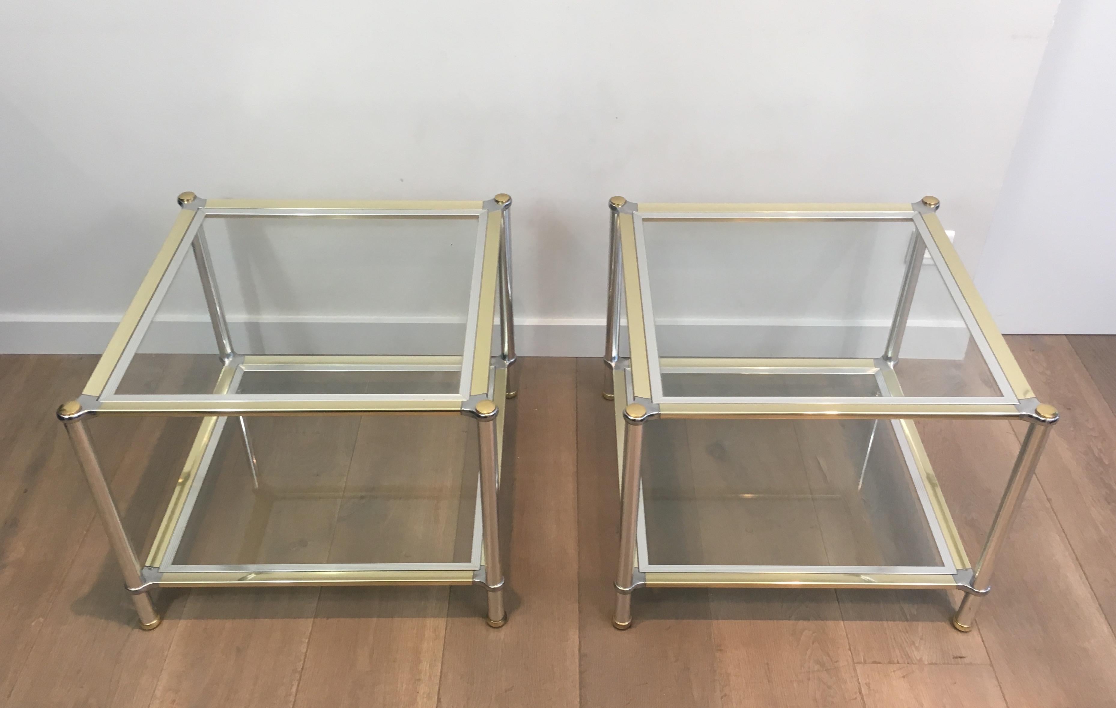 Pair of Chrome, Gilt and Silver Metal Side Tables, French, circa 1970 For Sale 7