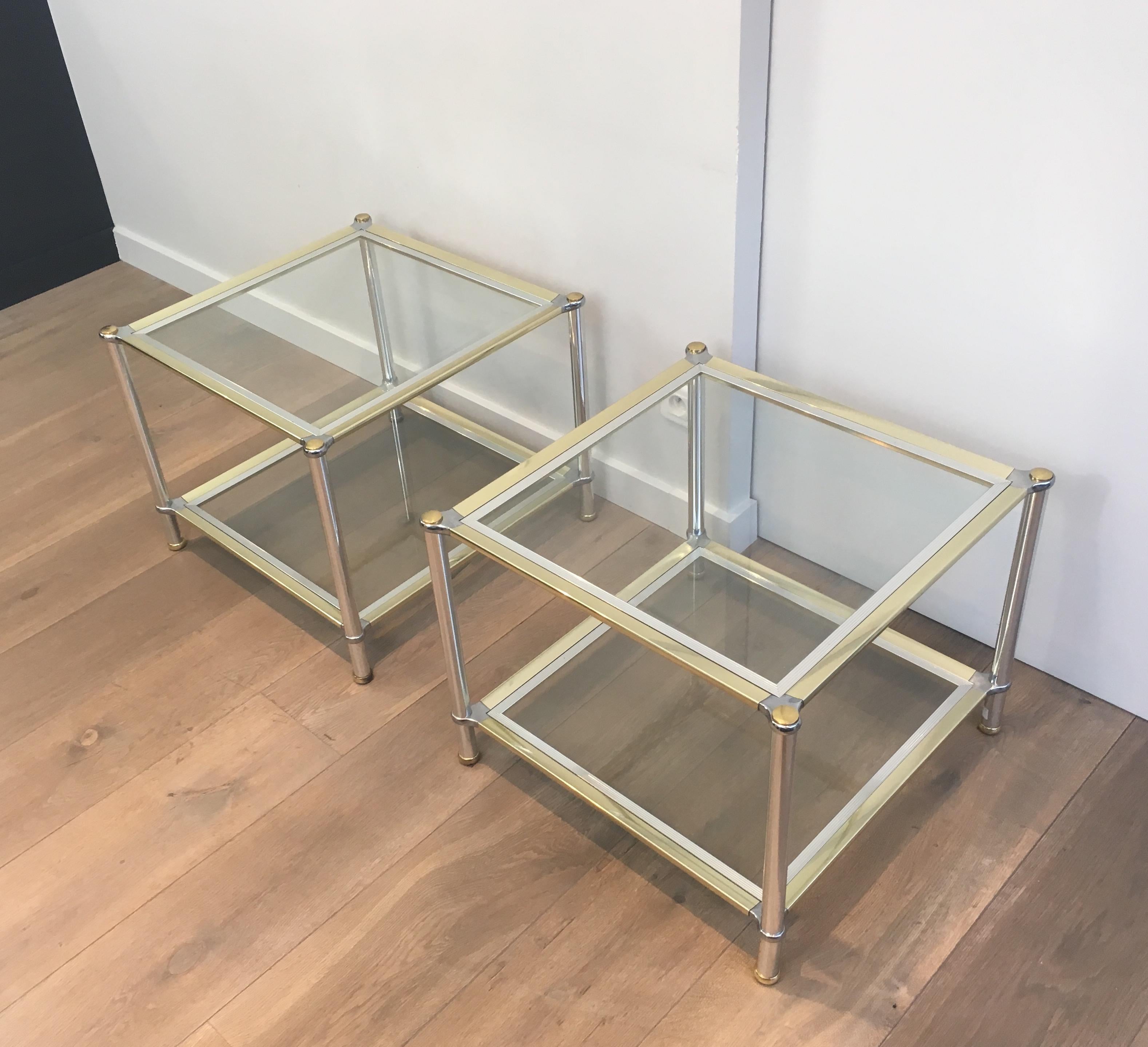 Pair of Chrome, Gilt and Silver Metal Side Tables, French, circa 1970 For Sale 13