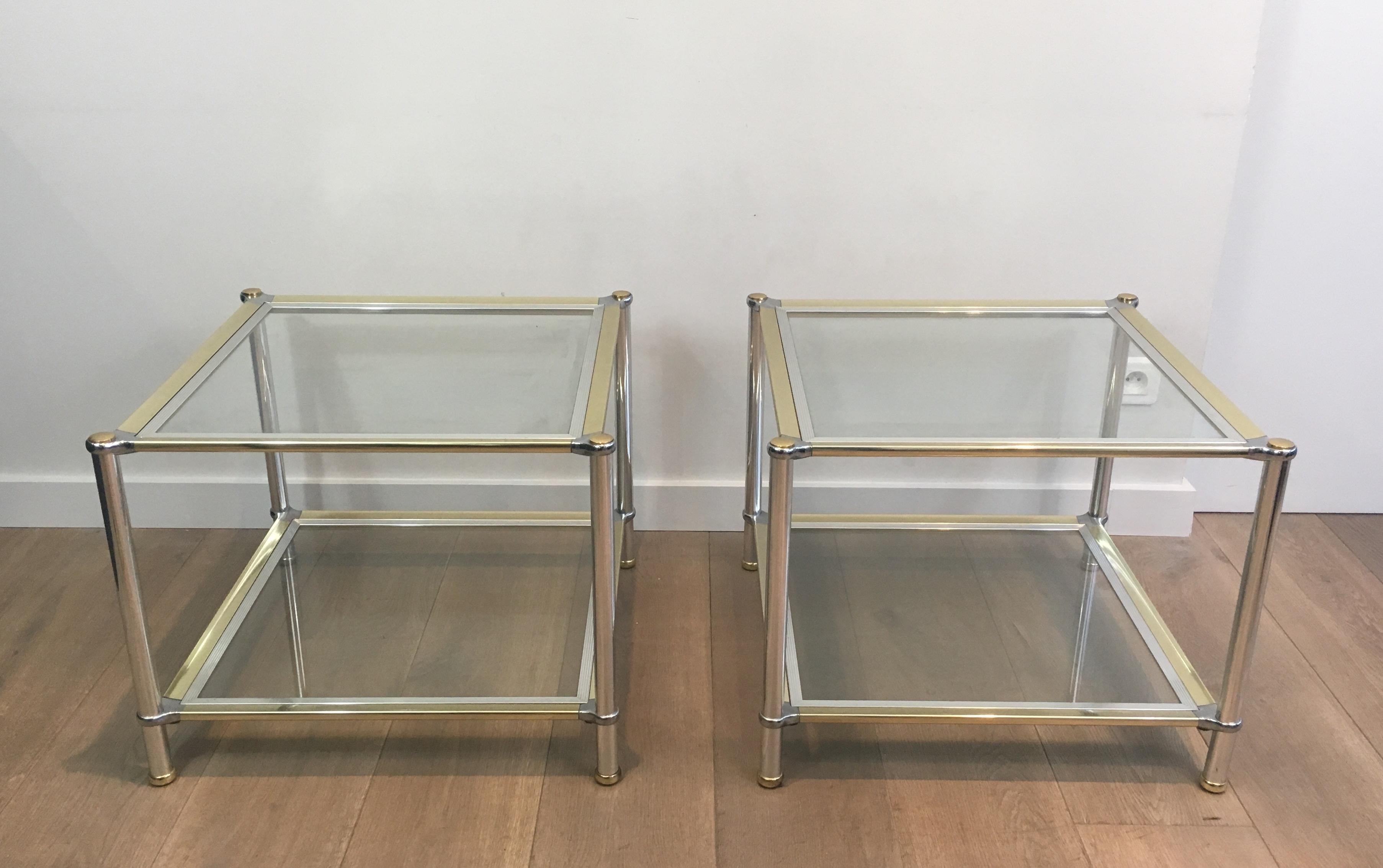 Pair of Chrome, Gilt and Silver Metal Side Tables, French, circa 1970 For Sale 14