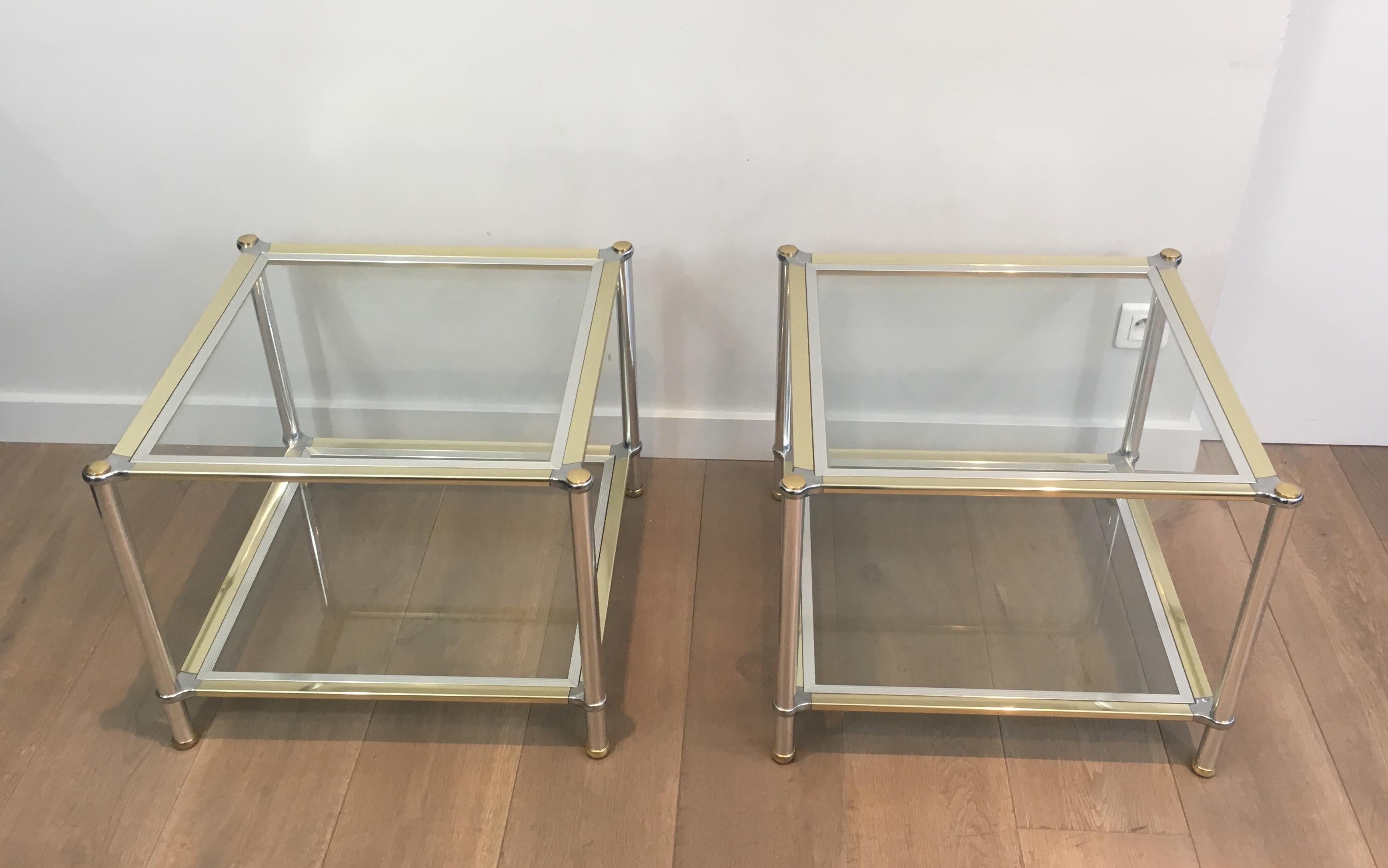 Mid-Century Modern Pair of Chrome, Gilt and Silver Metal Side Tables, French, circa 1970 For Sale