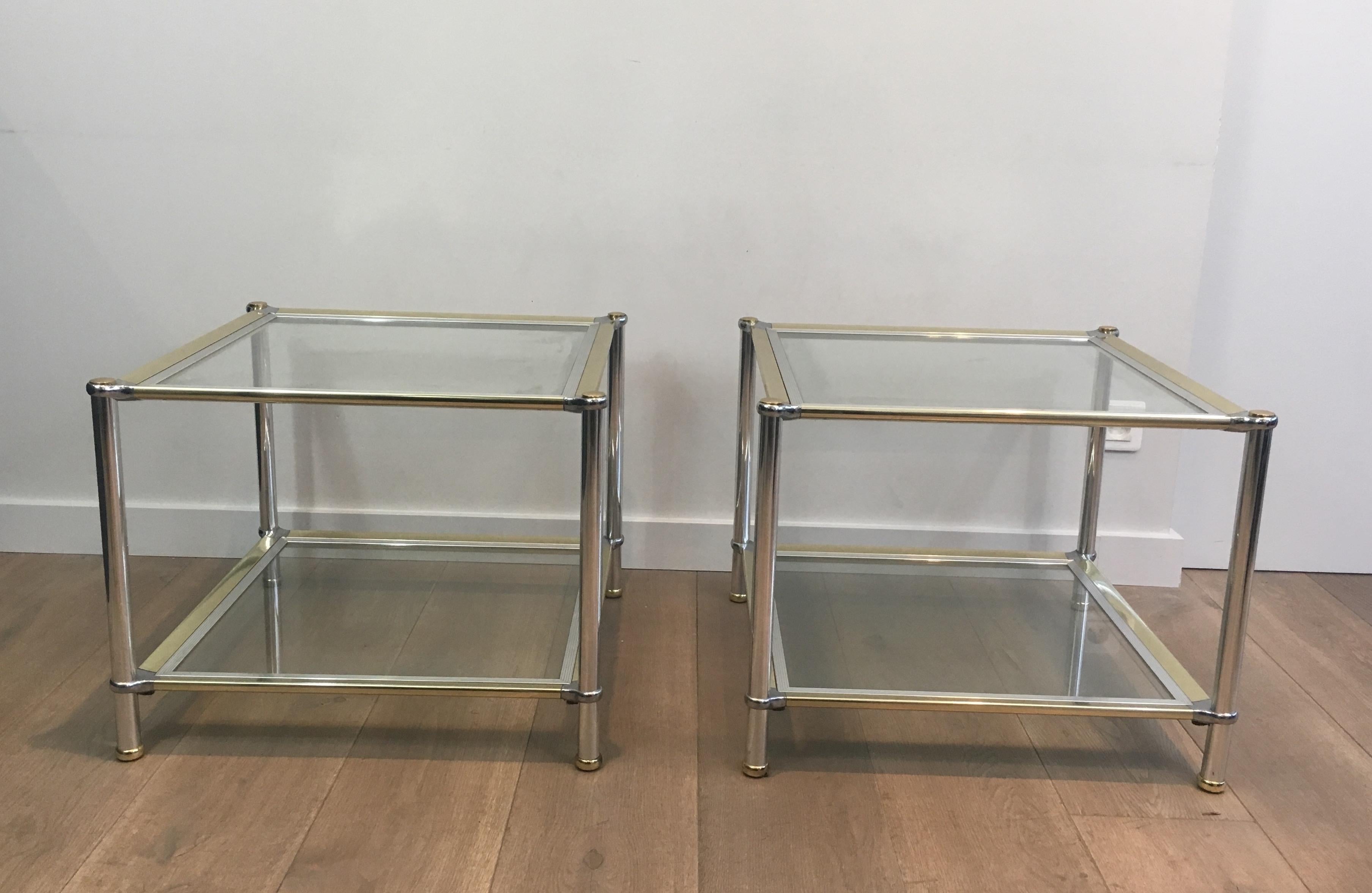 Pair of Chrome, Gilt and Silver Metal Side Tables, French, circa 1970 In Good Condition For Sale In Marcq-en-Barœul, Hauts-de-France