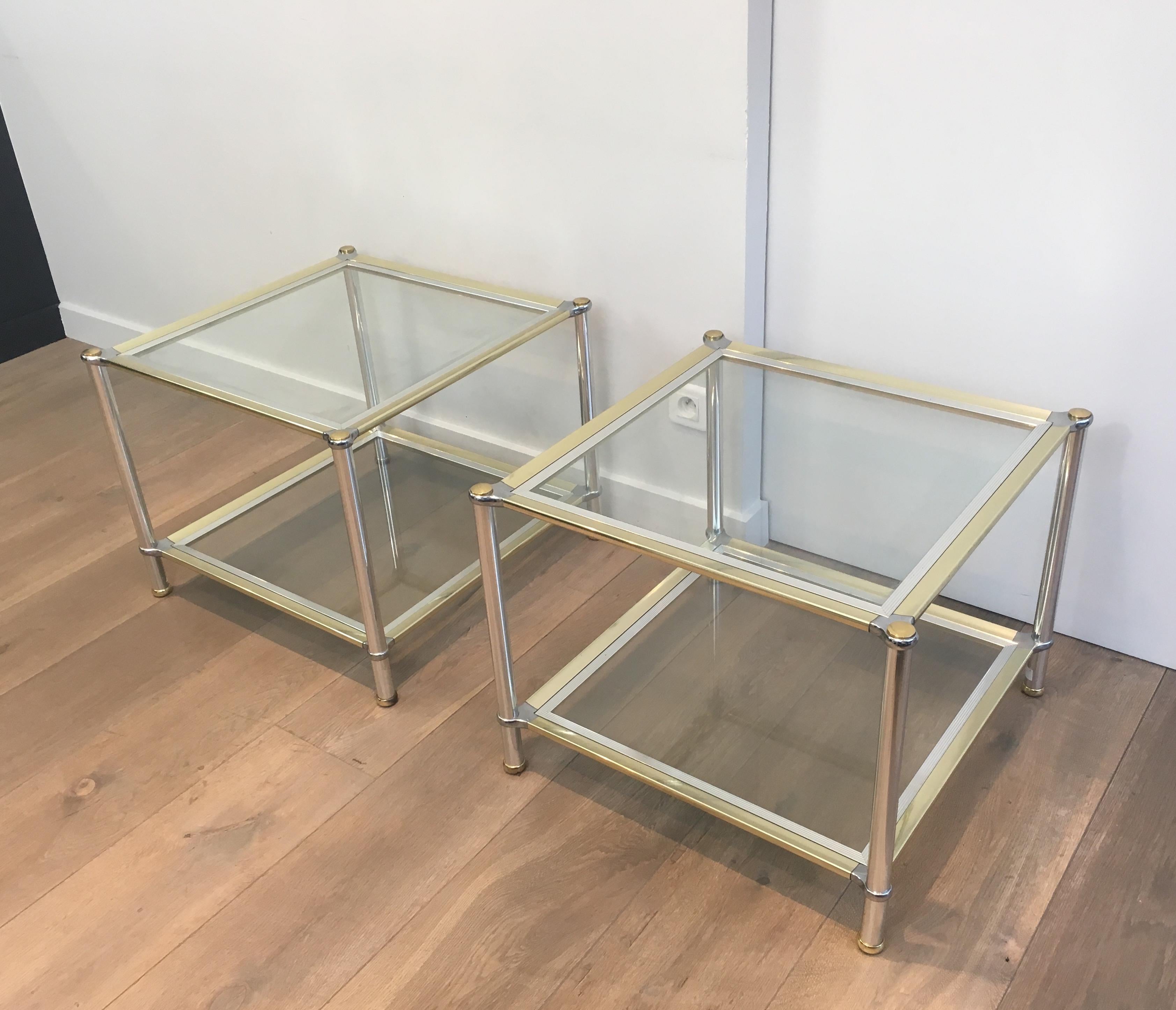 Late 20th Century Pair of Chrome, Gilt and Silver Metal Side Tables, French, circa 1970 For Sale