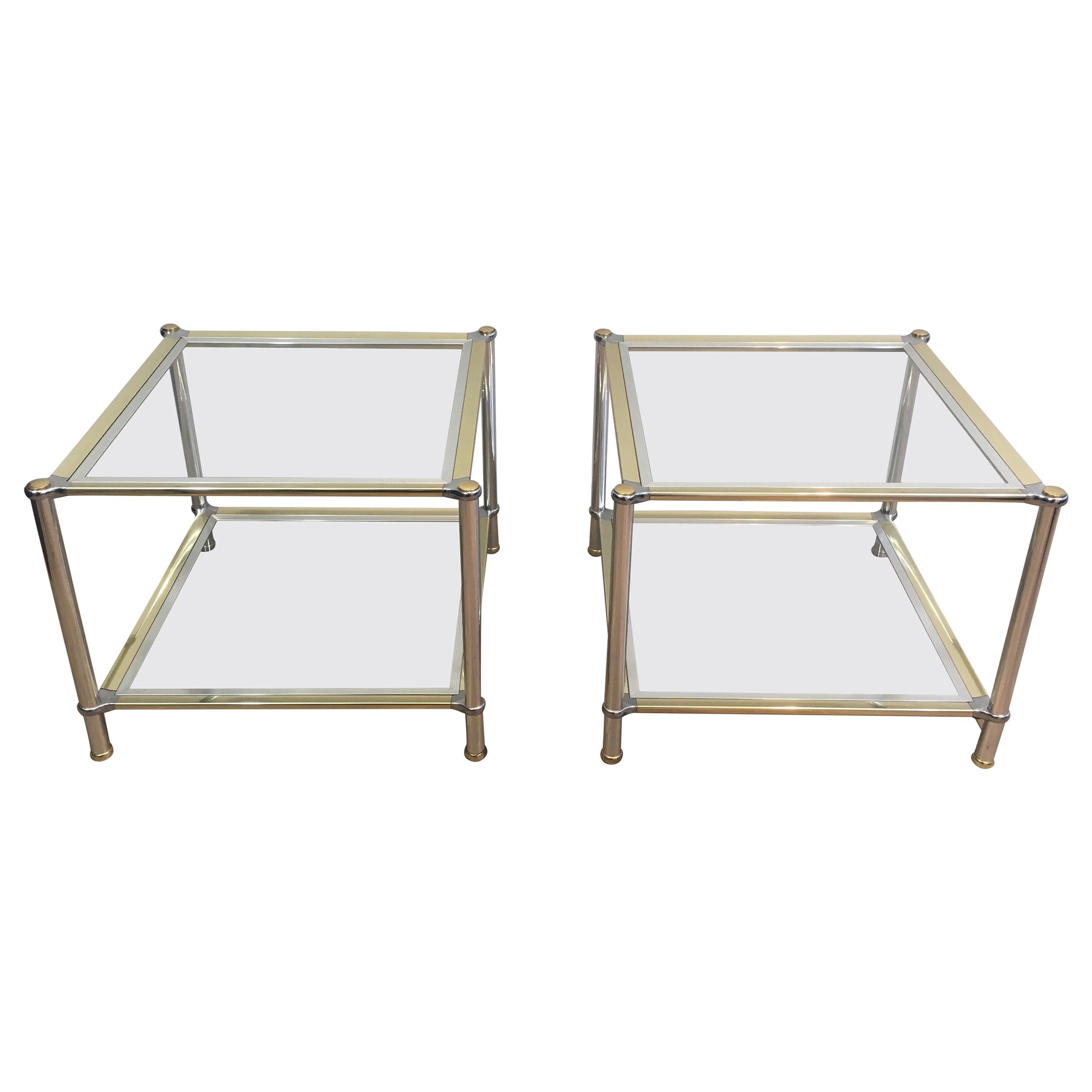 Pair of Chrome, Gilt and Silver Metal Side Tables, French, circa 1970