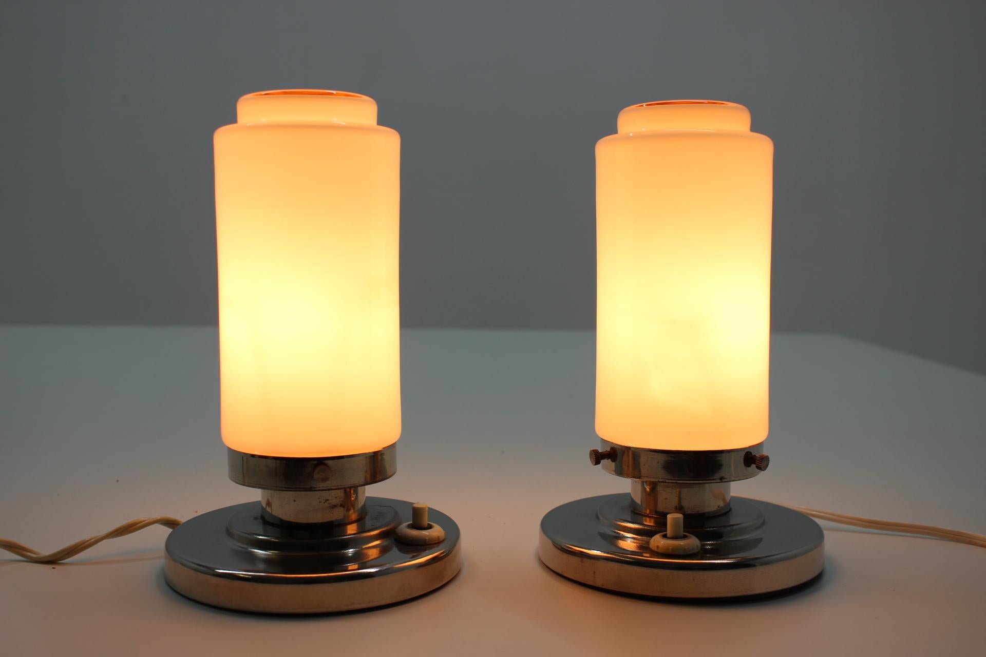 Czech Pair of Chrome Glass Bauhaus Table Lamps, 1930s For Sale