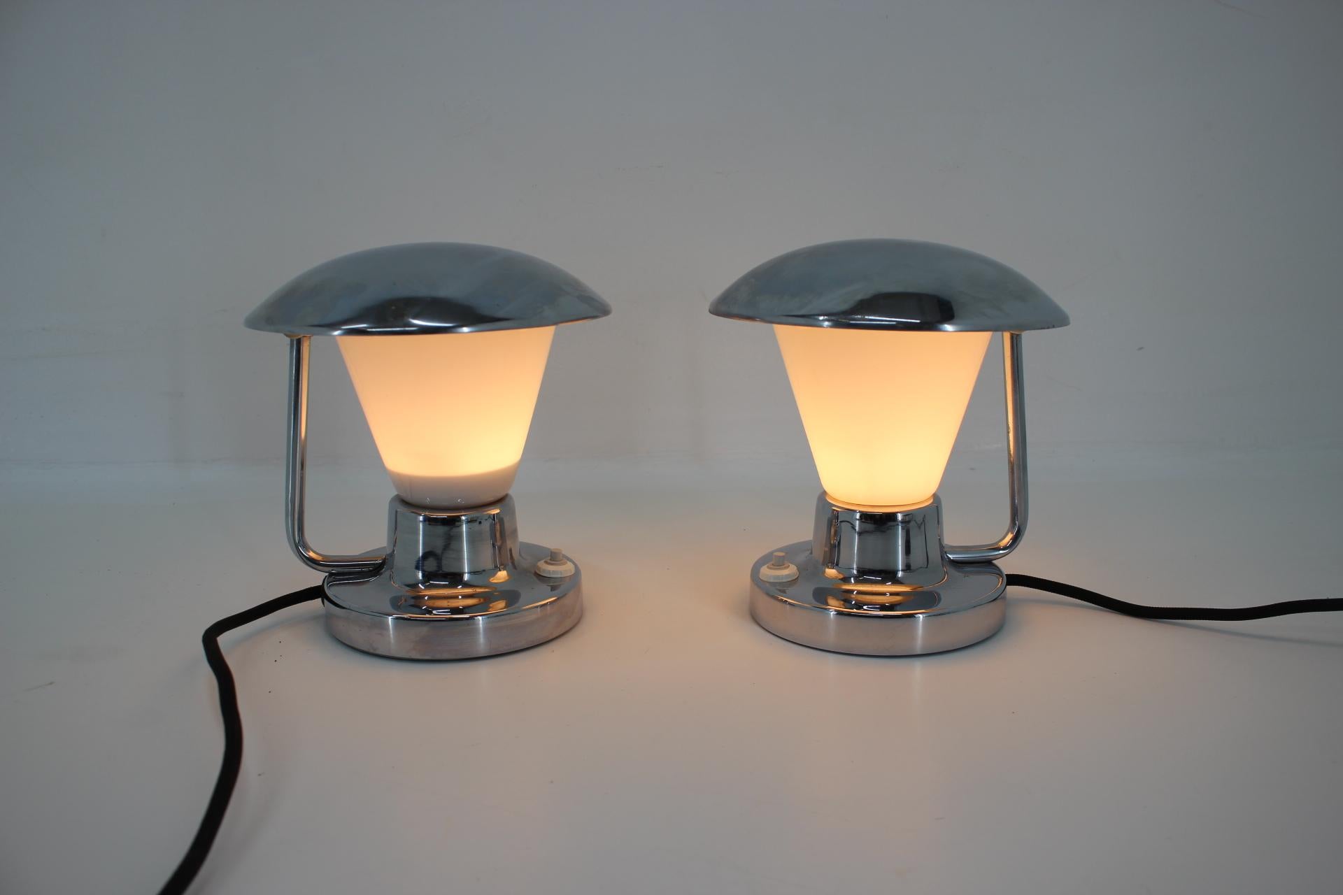 Czech Pair of Chrome Glass Bauhaus Table Lamps, 1930s For Sale