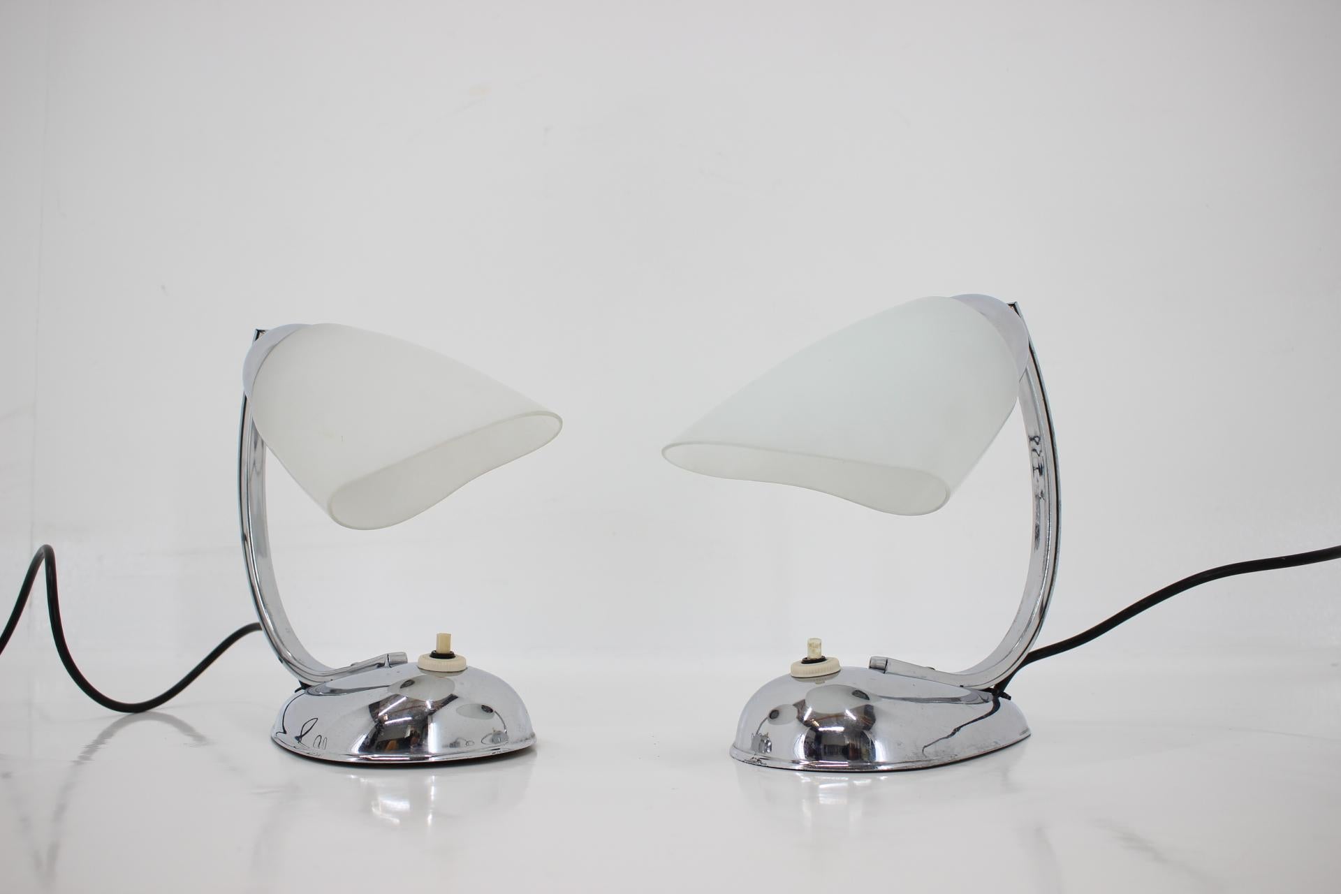 Czech Pair of Chrome Glass Design Midcentury Table Lamps, 1950s For Sale