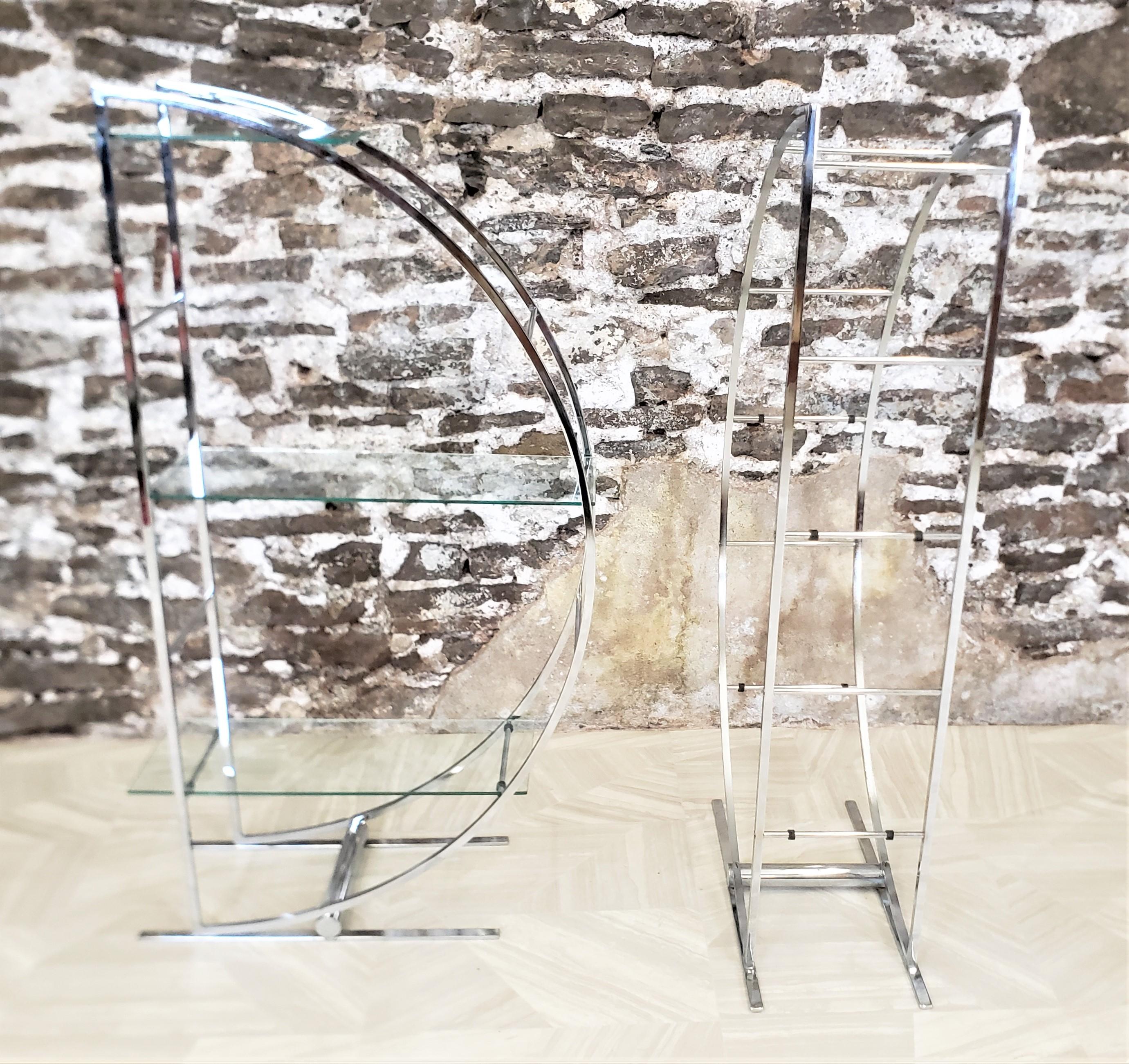 Cut Glass Pair of Chrome & Glass Half Moon Art Deco Styled Ladder Back Book Shelves For Sale