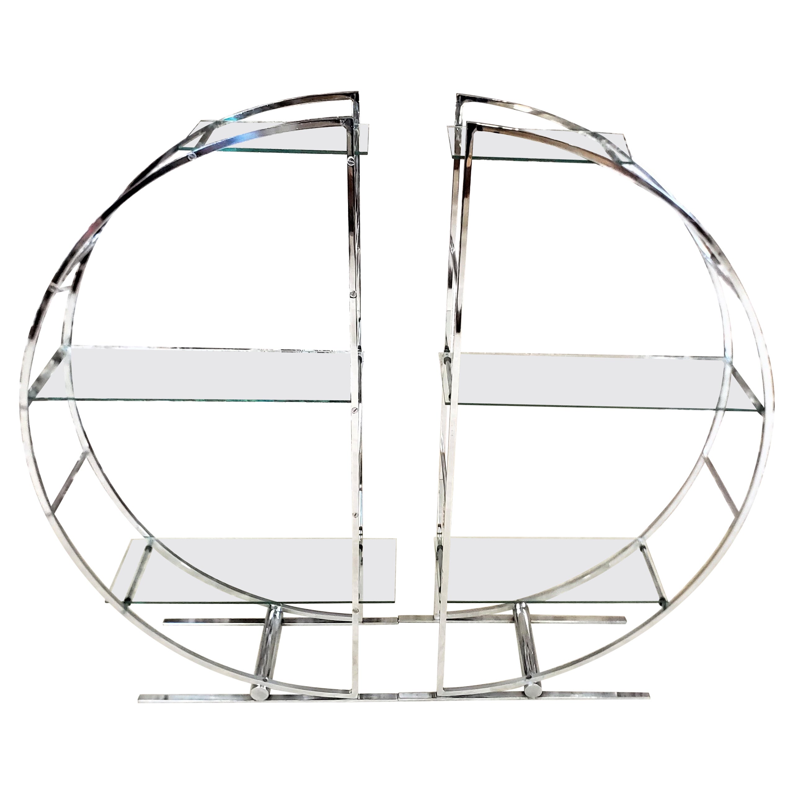 Pair of Chrome & Glass Half Moon Art Deco Styled Ladder Back Book Shelves