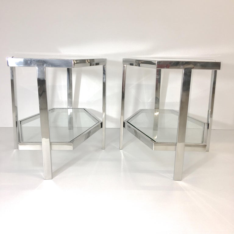 Pair of Chrome and Glass Hexagonal Two-Tier Side Tables For Sale 10