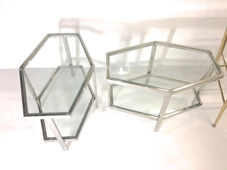 Pair of Chrome and Glass Hexagonal Two-Tier Side Tables For Sale 11