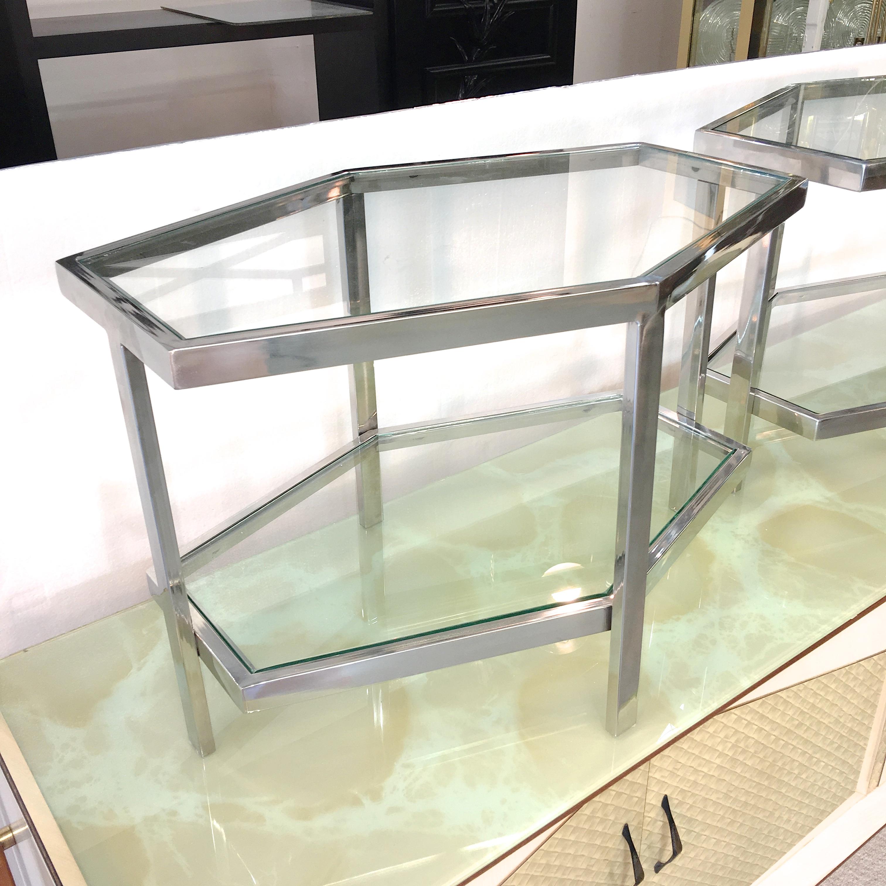 Pair of Chrome and Glass Hexagonal Two-Tier Side Tables For Sale 12