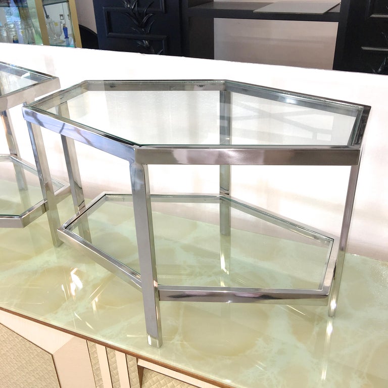 Pair of Chrome and Glass Hexagonal Two-Tier Side Tables For Sale 13