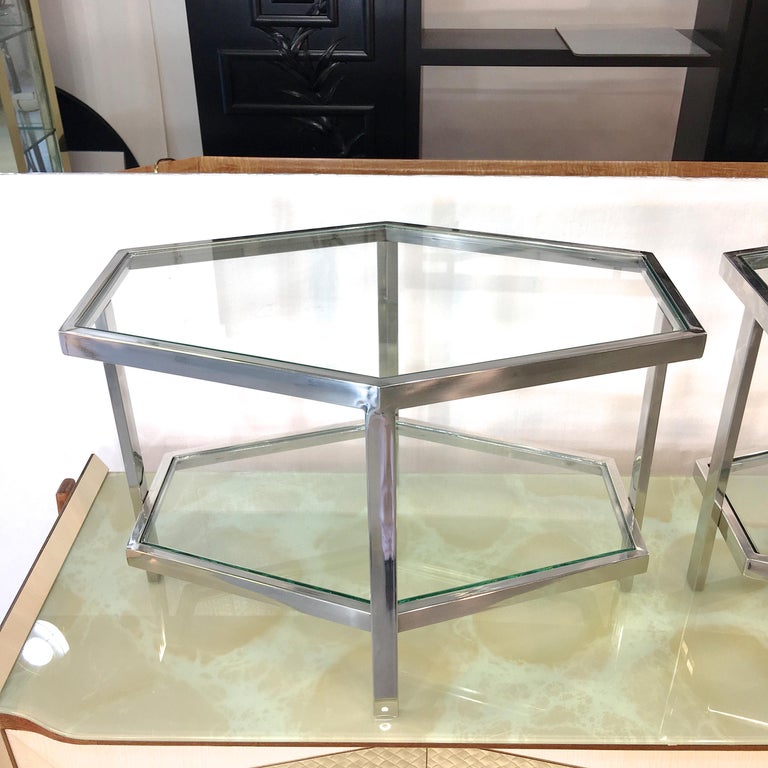 Pair of Chrome and Glass Hexagonal Two-Tier Side Tables In Good Condition For Sale In Hanover, MA