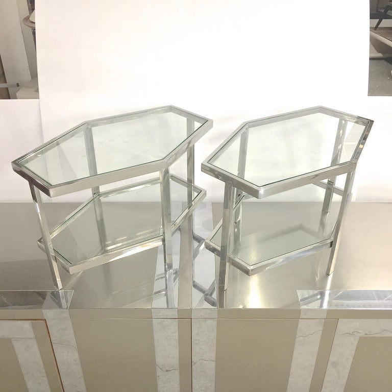Pair of Chrome and Glass Hexagonal Two-Tier Side Tables For Sale 2