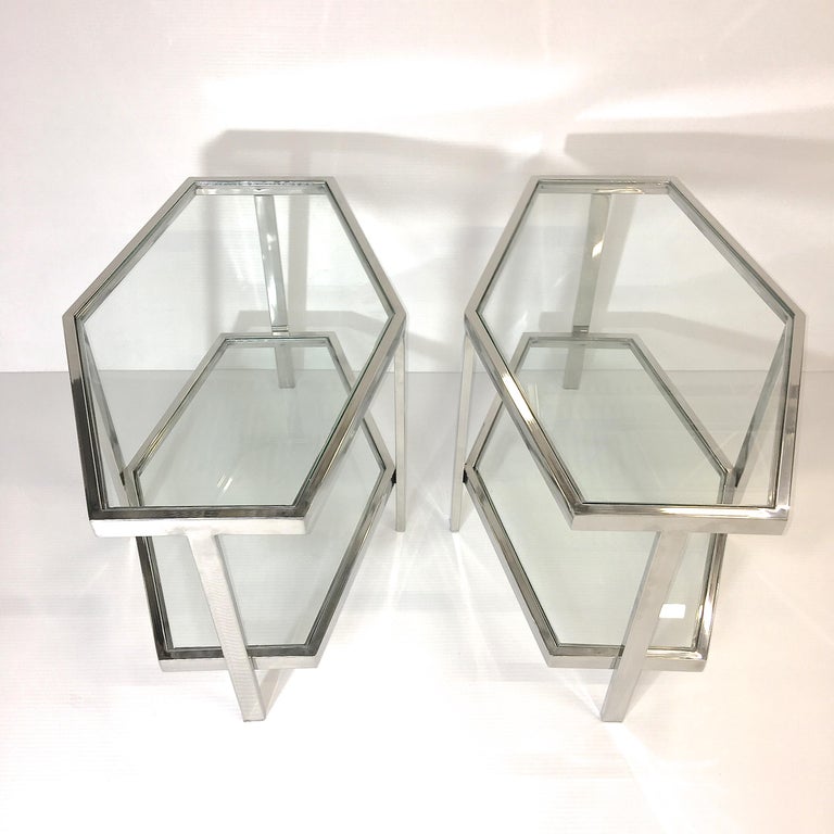 Pair of Chrome and Glass Hexagonal Two-Tier Side Tables For Sale 3
