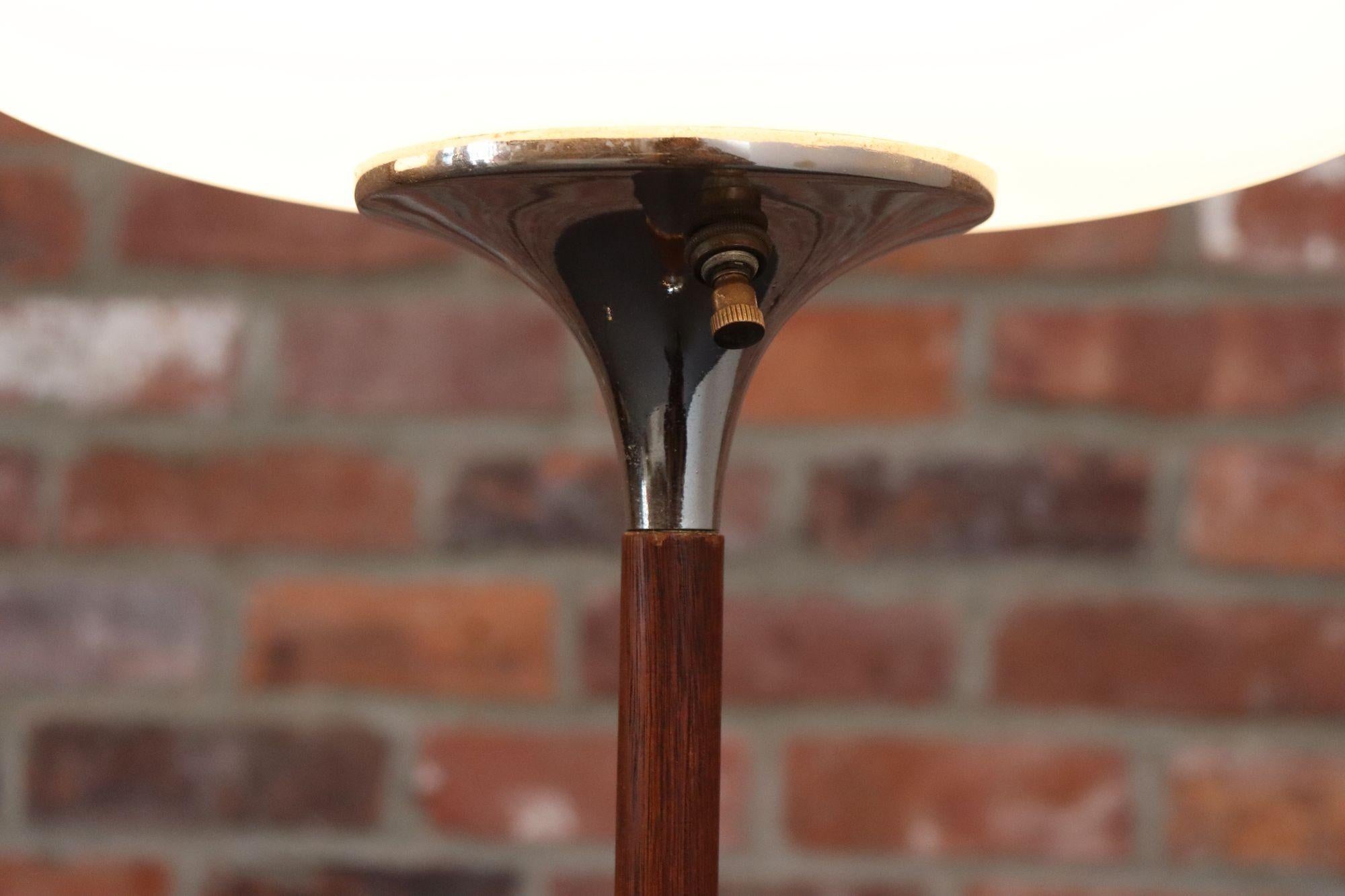 Pair of Chrome Laurel Floor Lamps with Frosted Mushroom Shades and Walnut Stems For Sale 4