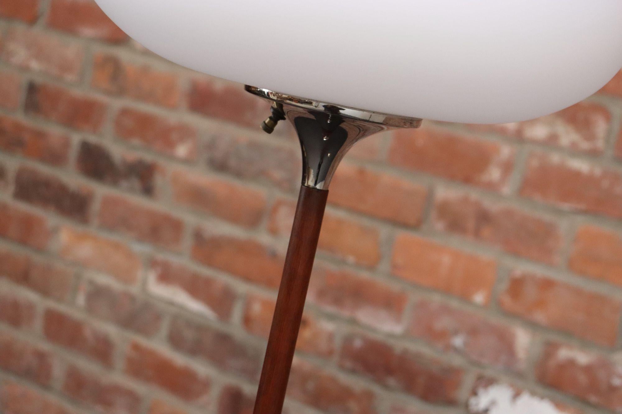 Pair of Chrome Laurel Floor Lamps with Frosted Mushroom Shades and Walnut Stems For Sale 6