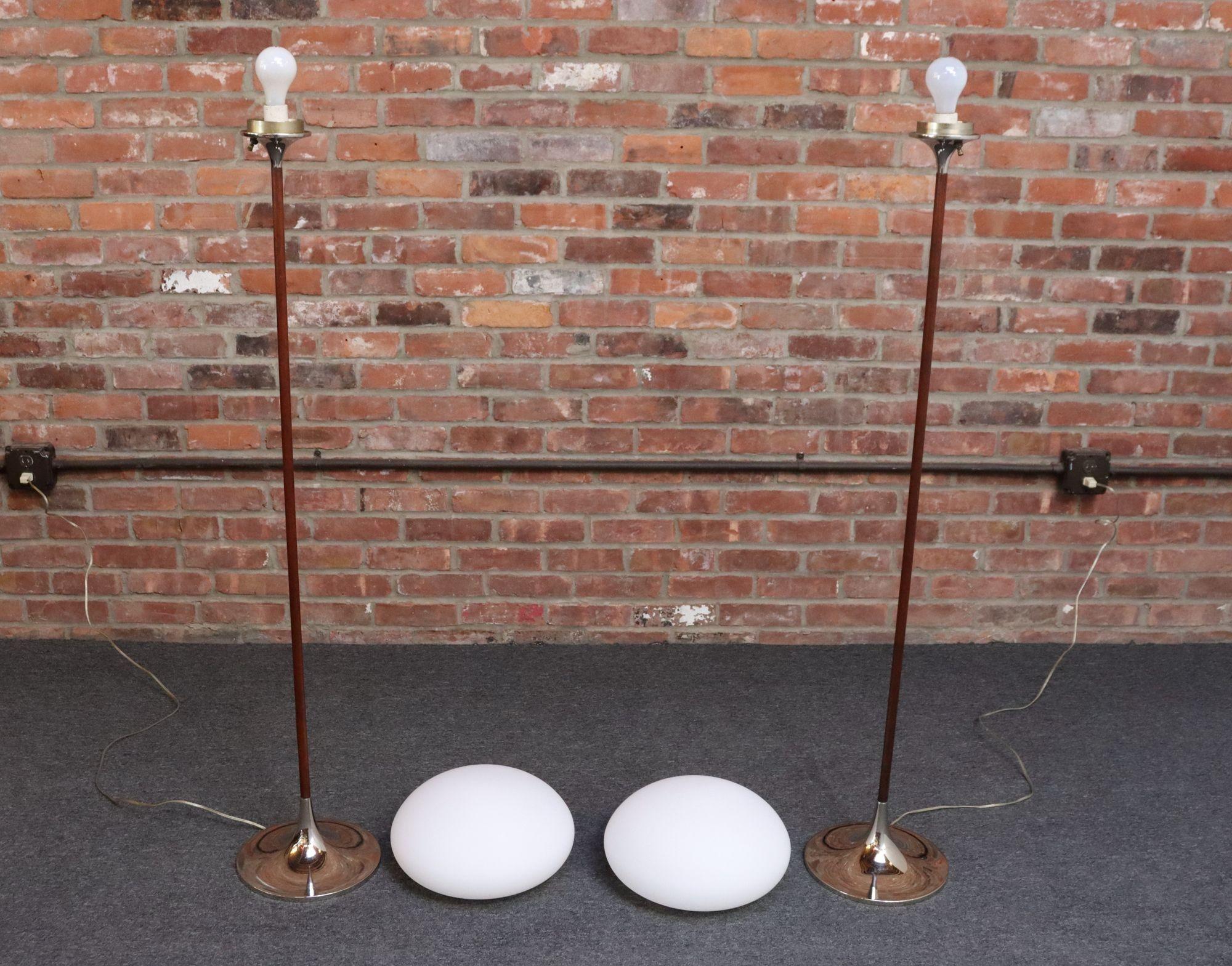 Pair of Chrome Laurel Floor Lamps with Frosted Mushroom Shades and Walnut Stems In Good Condition For Sale In Brooklyn, NY