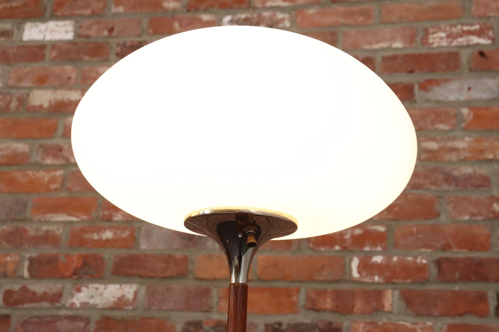 Mid-20th Century Pair of Chrome Laurel Floor Lamps with Frosted Mushroom Shades and Walnut Stems For Sale